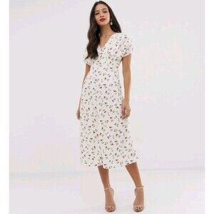Asos Design Midi Tea Dress Cherry Print Short Sleeves Size 6